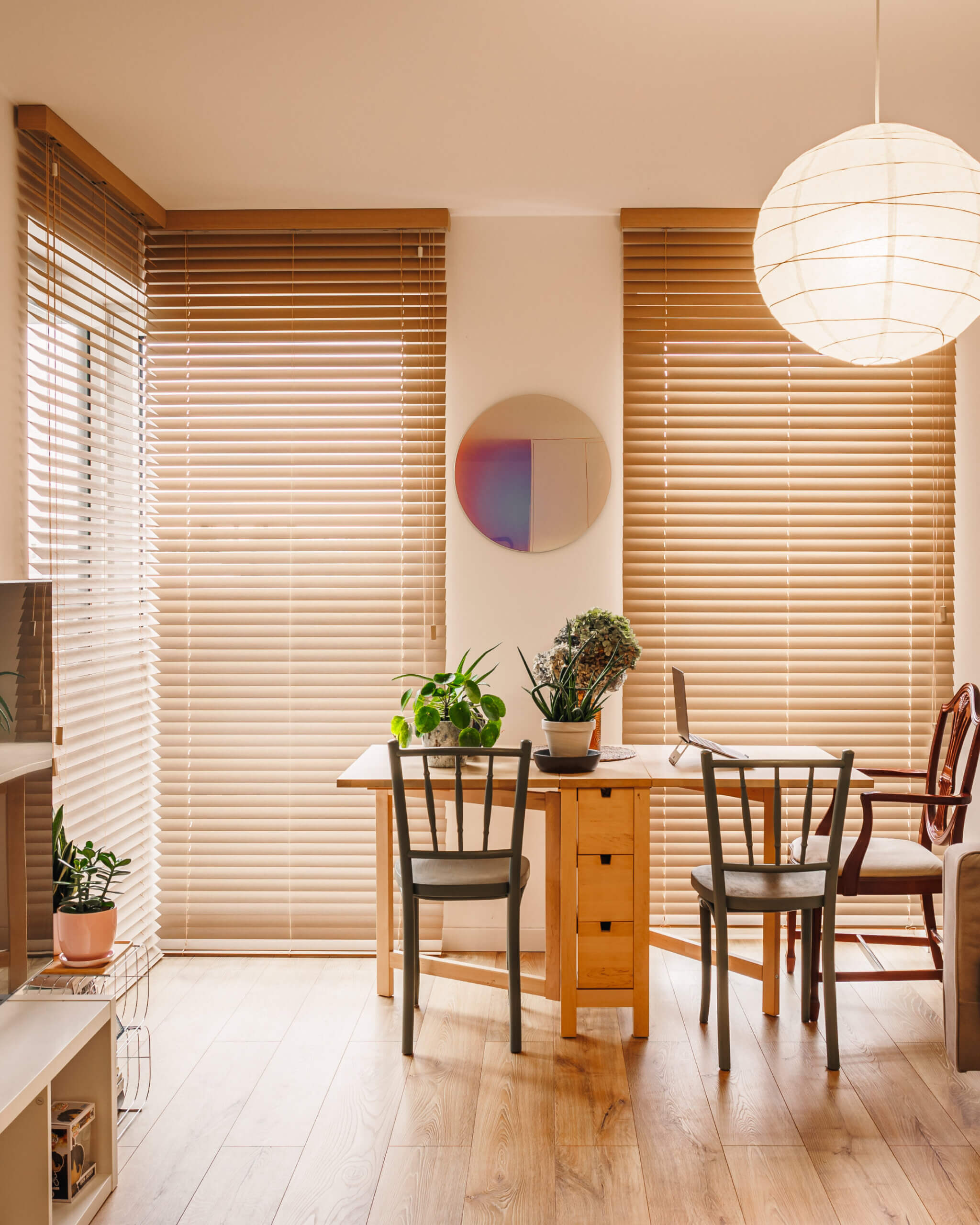 Żaluzje drewniane w jasnym salonie z meblami i roślinami